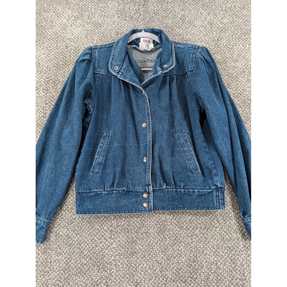 Vintage DEB Blue Denim Jacket Puff Shoulder Elastic Waist Snap Front Medium Y2K